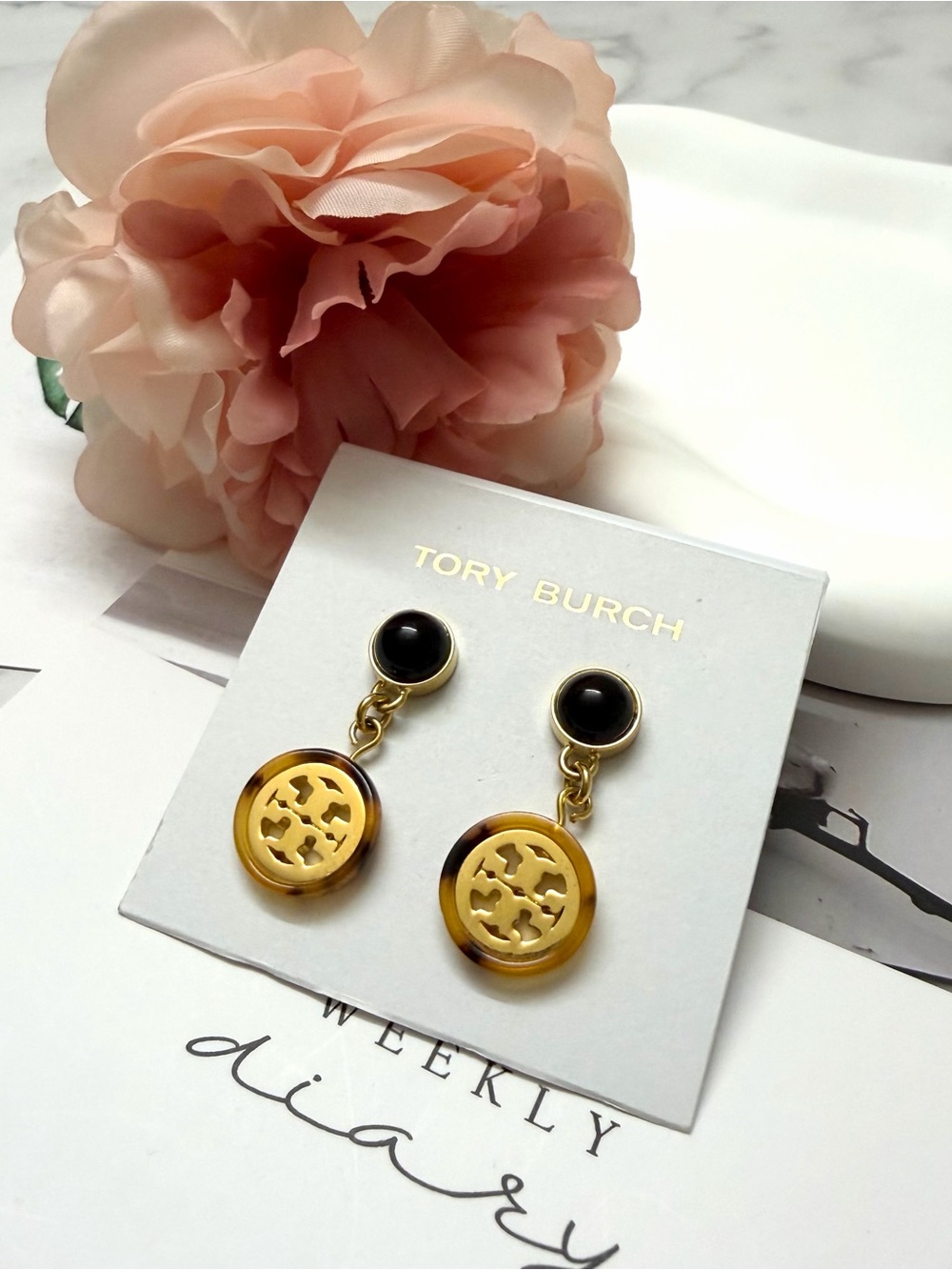 Tory Burch Black and Gold Logo Drop Earrings with Tortoiseshell Accent